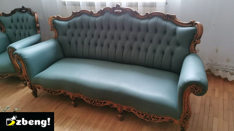 Set canapea si fotolii piele si lemn masiv unic